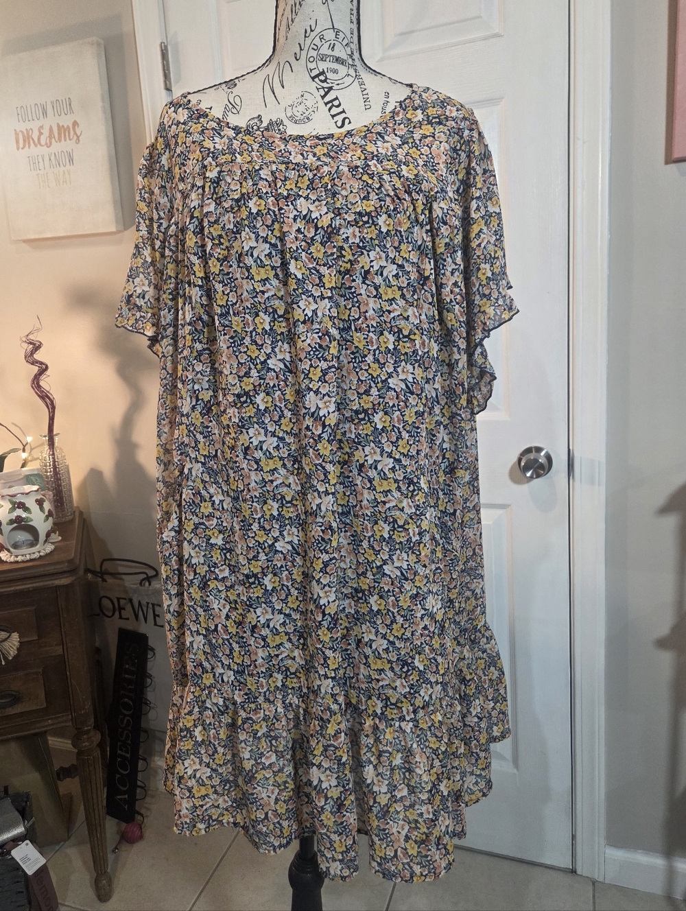 Umgee Yellow and Blue Floral Midi Dress With Pockets